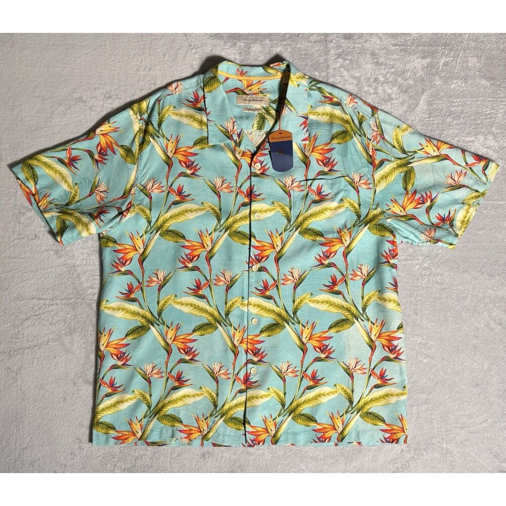 Tommy Bahama Silk Shirt Men’s XXL Birds of Paradise Hawaiian Camp Floral Blue